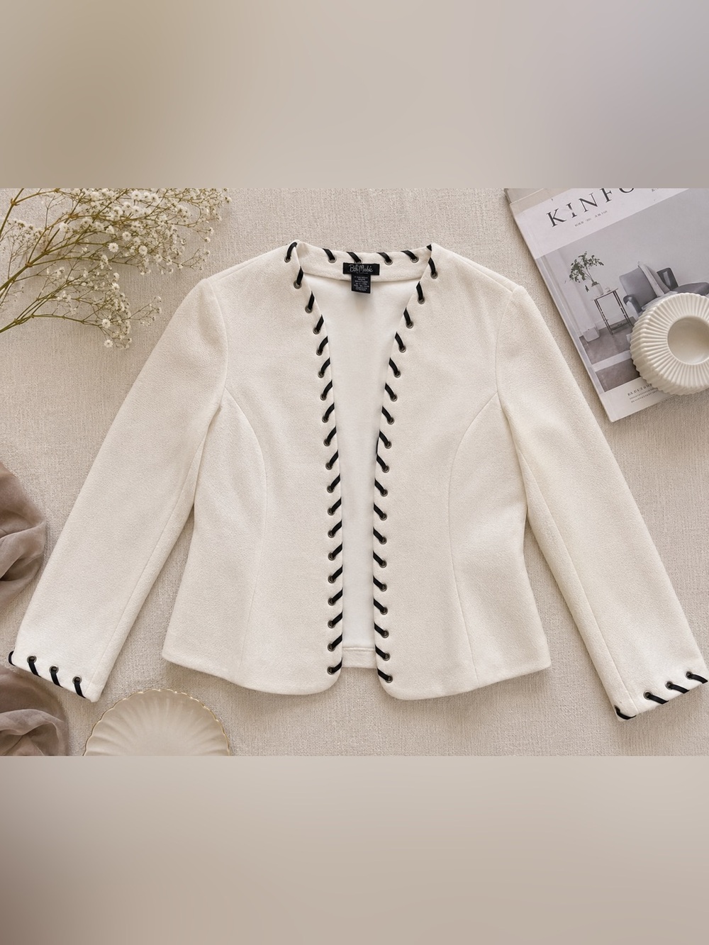 Bob Mackie Ivory Open-Front Jacket with Black Lace-Up Trim